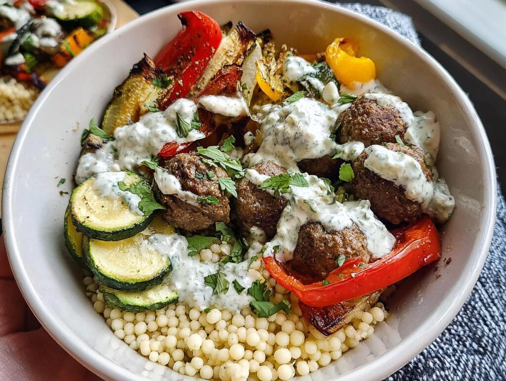 A delicious Greek Meatball Bowl Recipe featuring meatballs, roasted vegetables, couscous, and creamy tzatziki sauce.