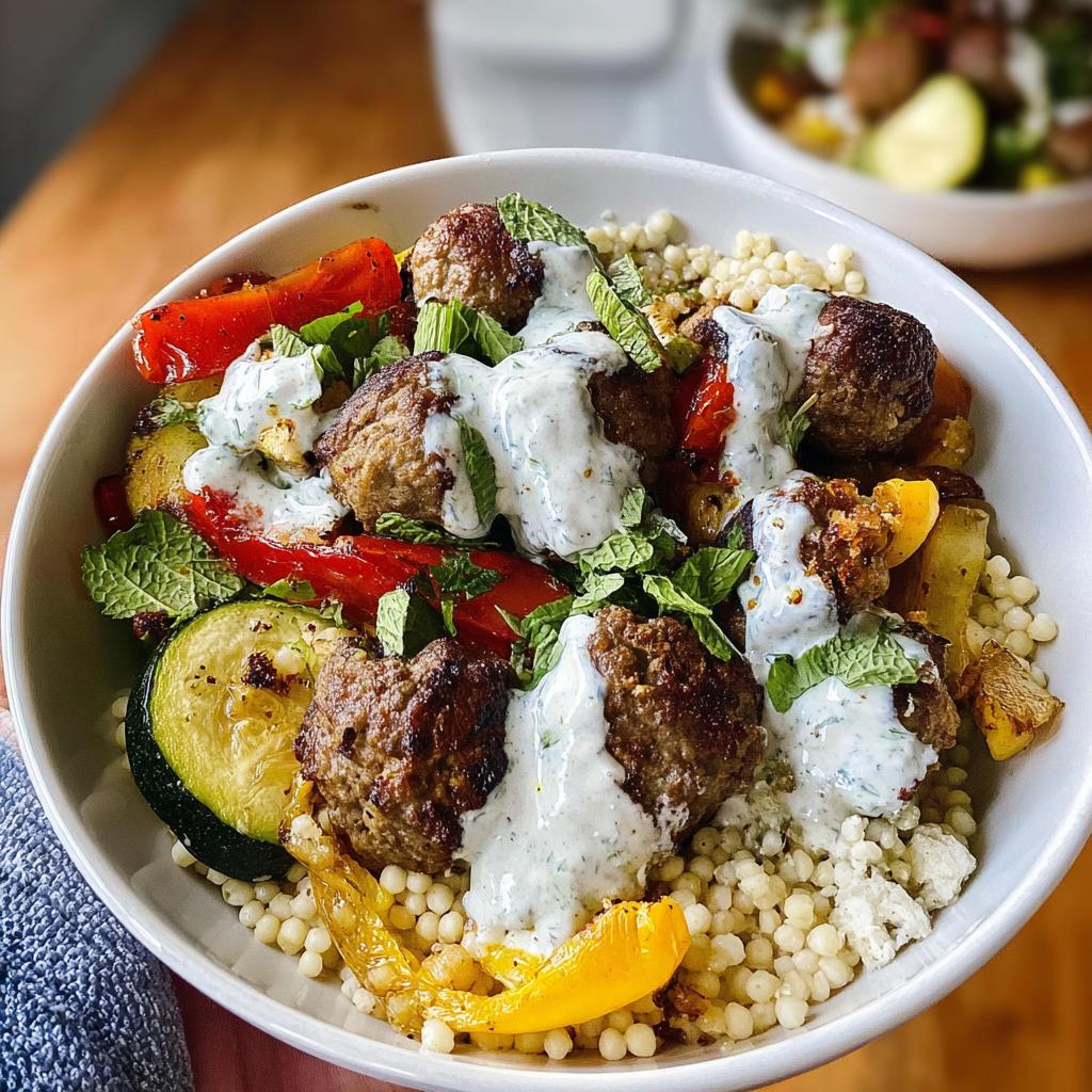 A close-up of a Greek Meatball Bowl Recipe with seasoned meatballs, roasted vegetables, and couscous, drizzled with a creamy sauce.