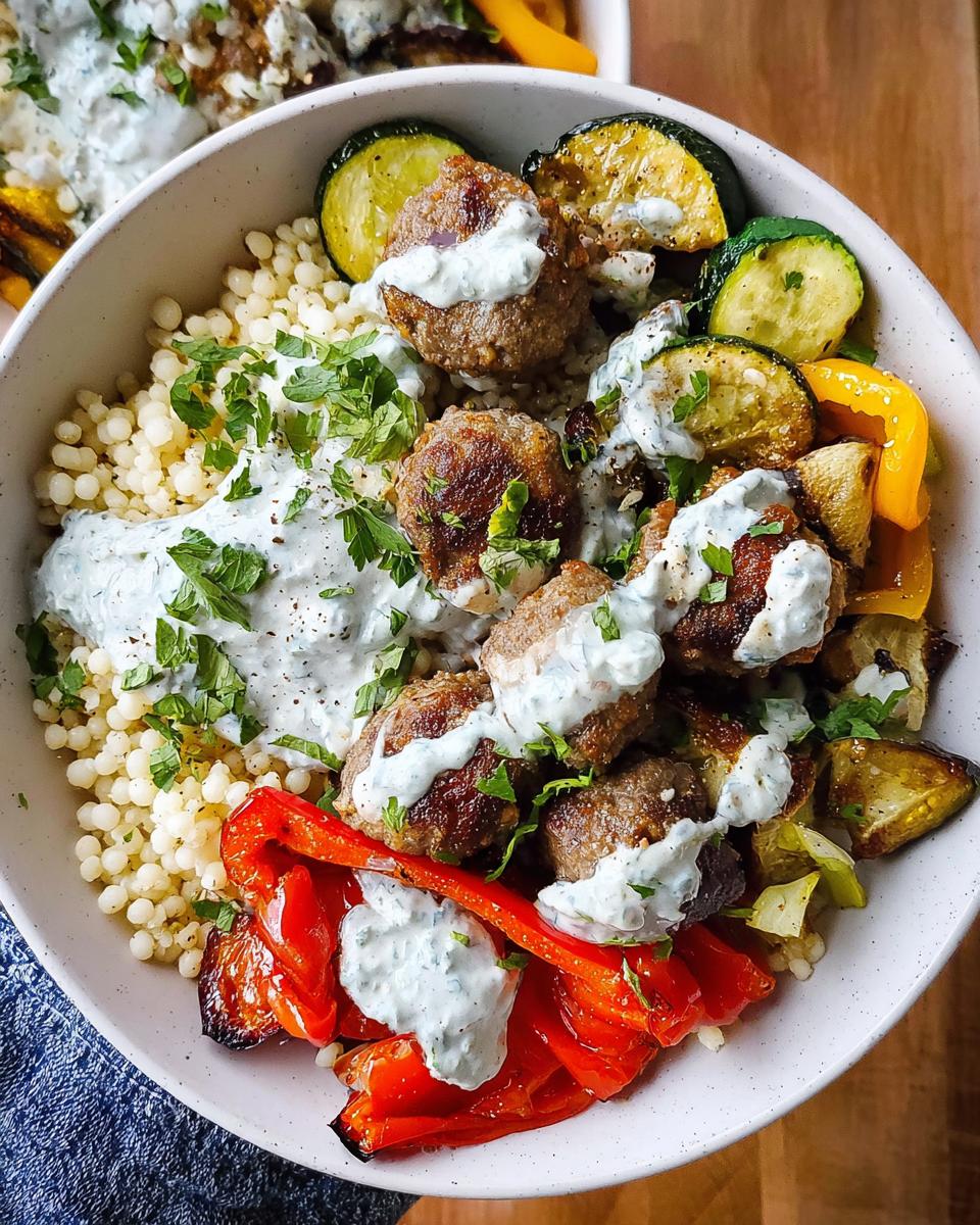 A close-up of a Greek Meatball Bowl filled with couscous, meatballs, roasted vegetables, and drizzled with tzatziki sauce.
