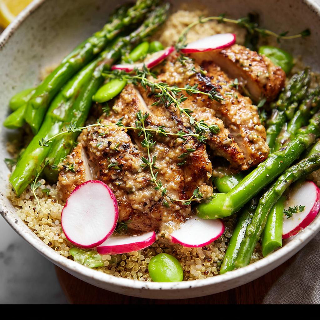 A healthy lemon garlic chicken meal prep bowl with quinoa, asparagus, radishes, and edamame.