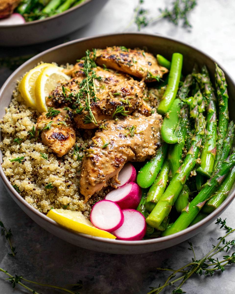 A healthy lemon garlic chicken meal prep bowl with quinoa, asparagus, snap peas, radishes, and lemon slices.