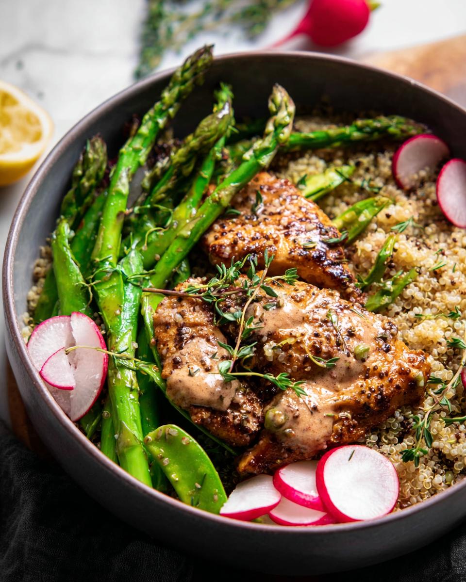 A healthy lemon garlic chicken meal prep bowl featuring quinoa, asparagus, snap peas, and radishes, topped with chicken and a creamy sauce.