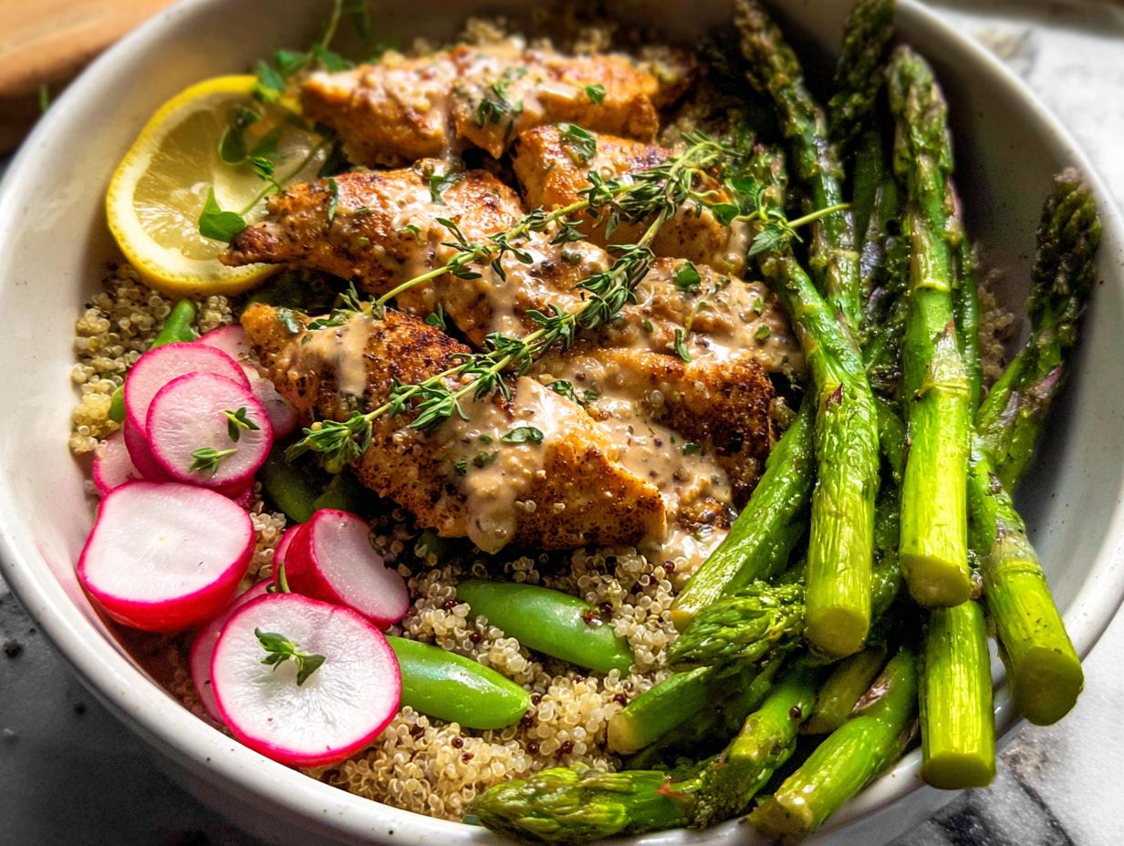 A healthy lemon garlic chicken meal prep bowl with quinoa, asparagus, radishes, and snap peas.