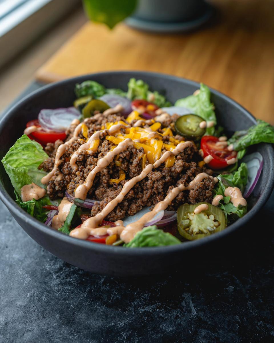 A close-up of a High-Protein Cheeseburger Bowl featuring seasoned ground beef, shredded cheese, lettuce, tomatoes, onions, and jalapeños with a drizzle of sauce.