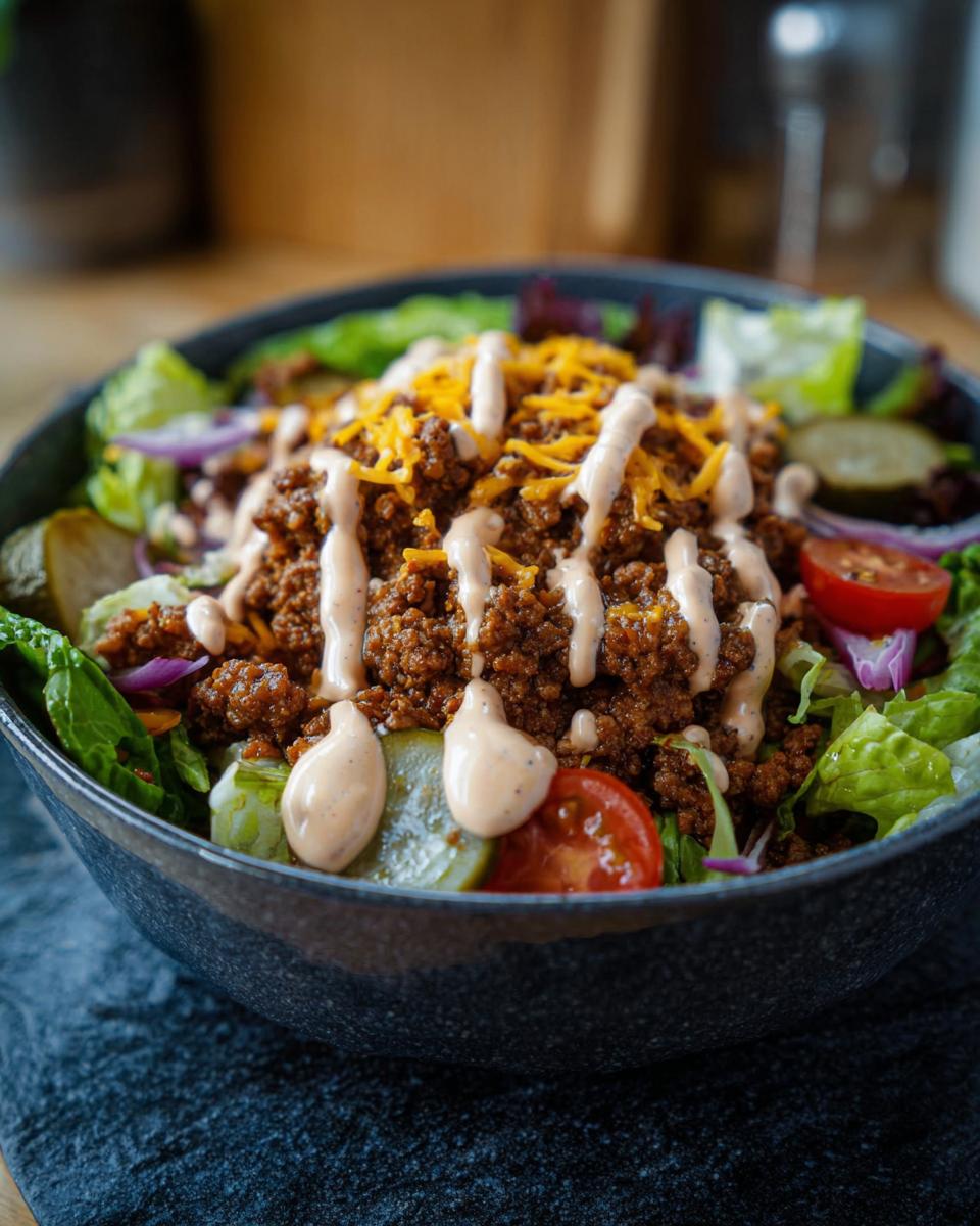 Close-up of a High-Protein Cheeseburger Bowl with seasoned ground beef, shredded cheese, lettuce, tomatoes, pickles, and a drizzle of sauce.
