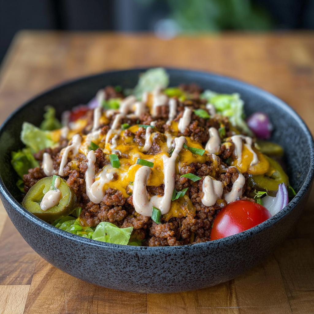 A bowl filled with lettuce, seasoned ground beef, melted cheese, jalapeños, and a drizzle of sauce, representing a High-Protein Cheeseburger Bowl.