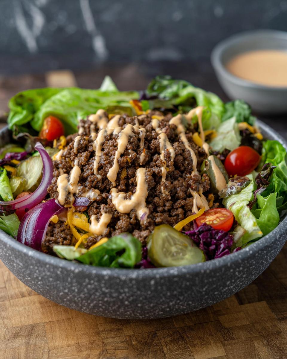 A bowl filled with ground beef, lettuce, tomatoes, pickles, onions, and cheese, drizzled with sauce. High-Protein Cheeseburger Bowls Recipe.