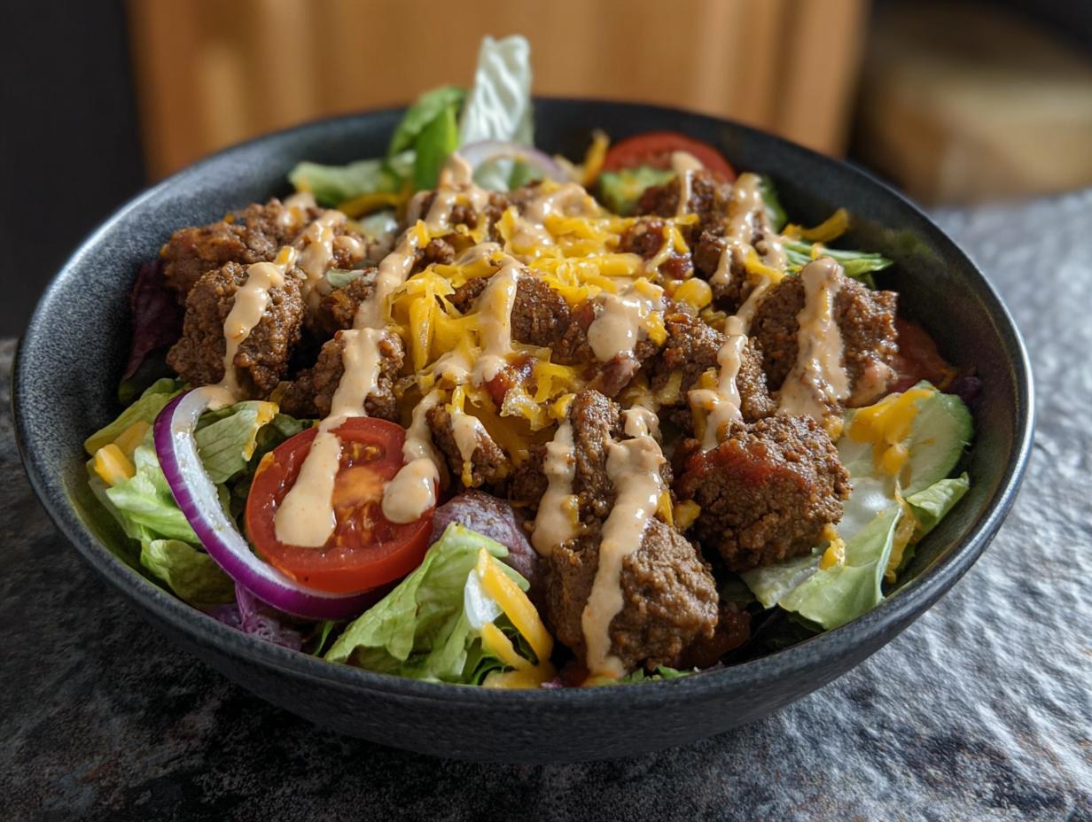 A delicious bowl of High-Protein Cheeseburger Bowls with seasoned ground beef, lettuce, tomatoes, onions, cheese, and dressing.