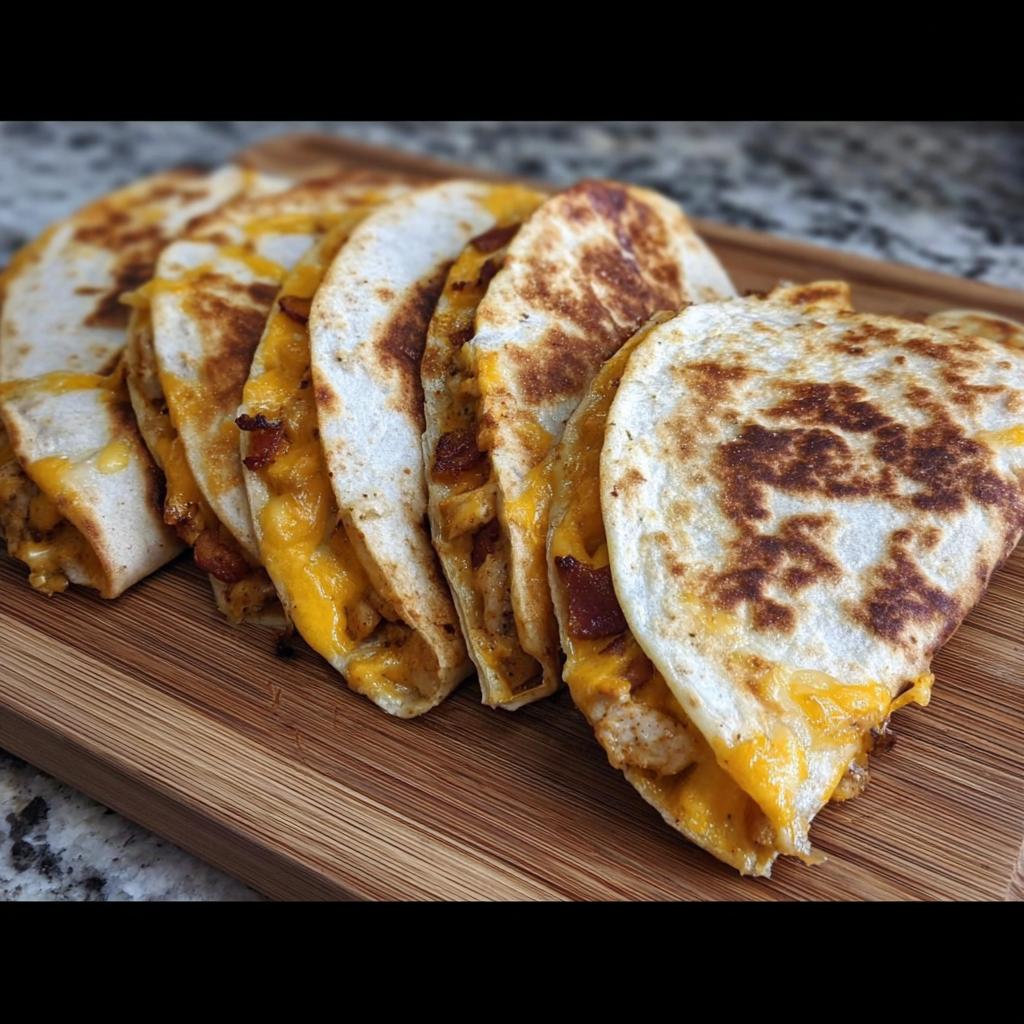 Close-up of several slices of High-Protein Chicken Ranch Quesadilla, filled with melted cheese and chicken.