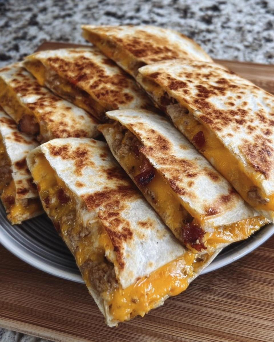Close-up of golden-brown, sliced High-Protein Chicken Ranch Quesadillas filled with melted cheese and chicken.