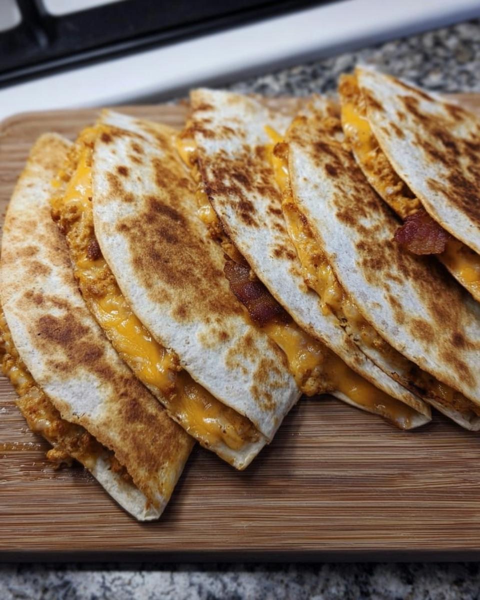 Golden-brown slices of High-Protein Chicken Ranch Quesadilla filled with melted cheese and bacon.