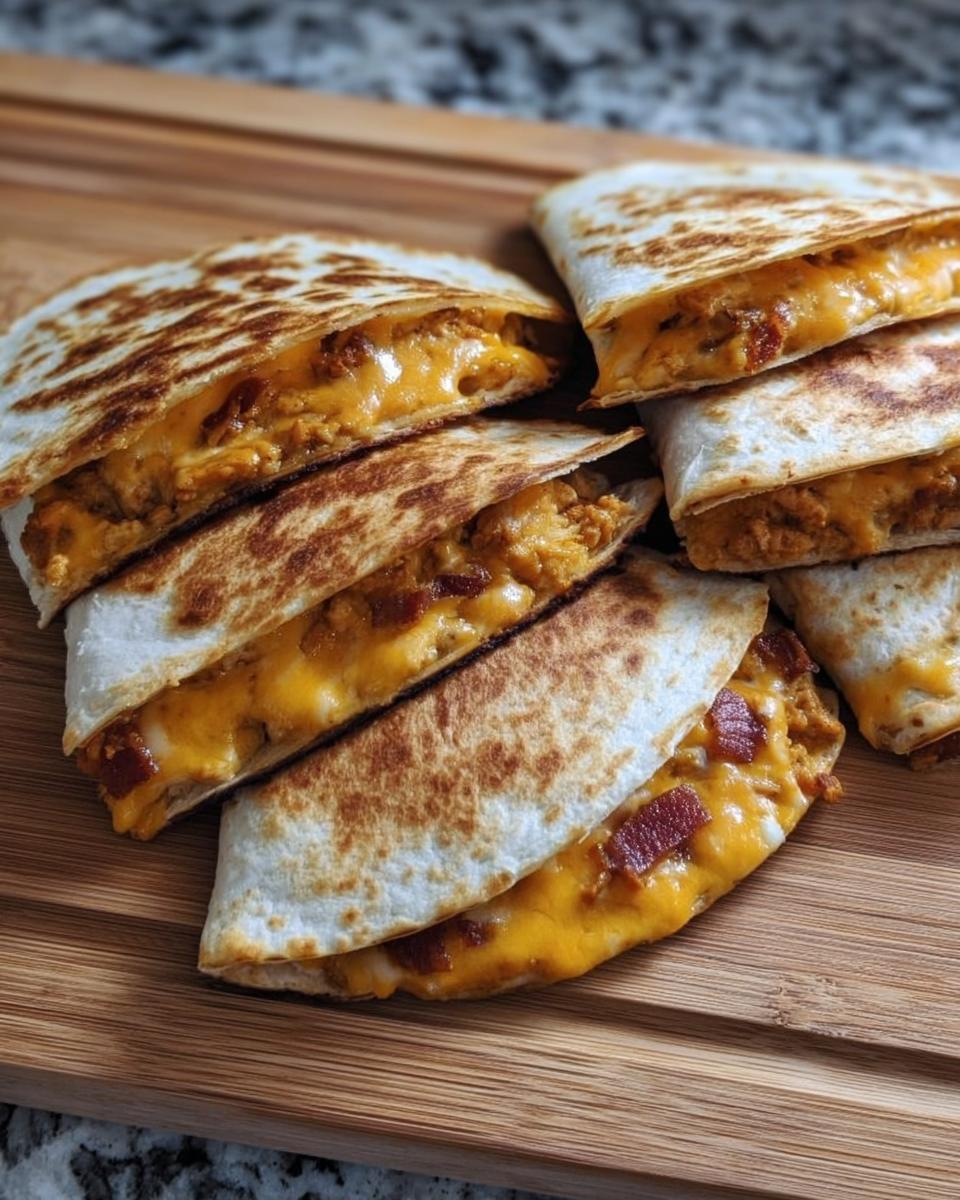 A stack of golden-brown High-Protein Chicken Ranch Quesadilla slices, filled with melted cheese and chicken.