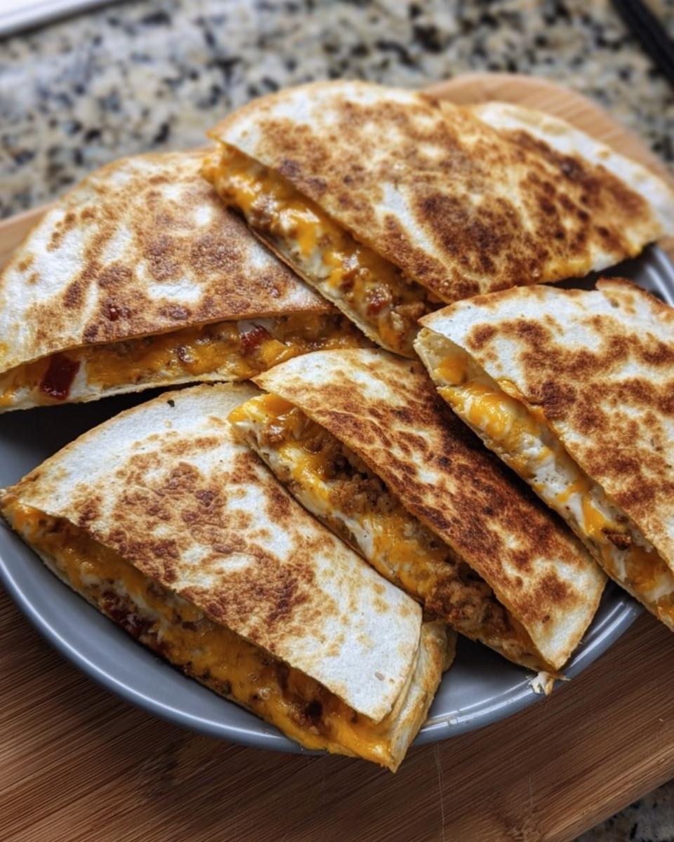 Close-up of golden-brown quesadilla slices filled with melted cheese and chicken mixture, a High-Protein Chicken Ranch Quesadilla.