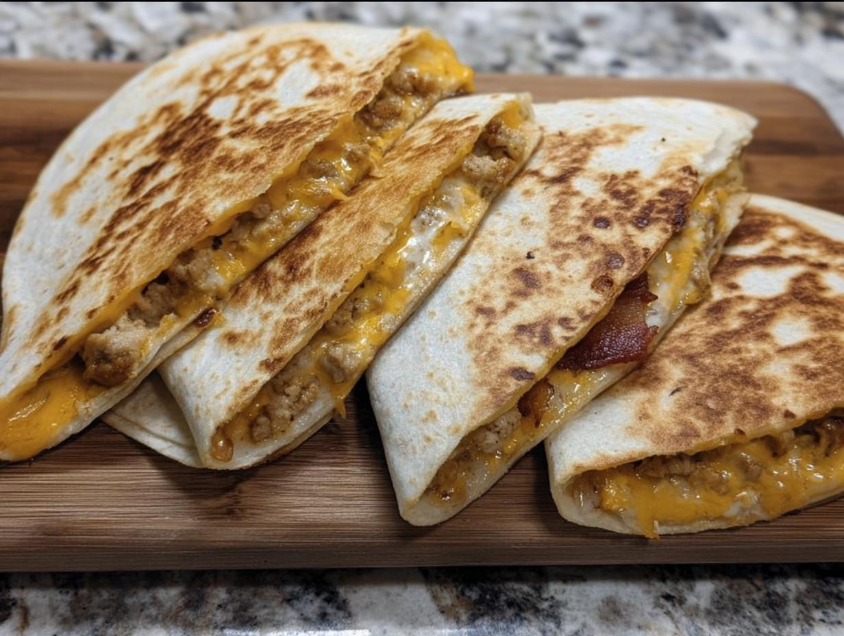 Close-up of golden-brown High-Protein Chicken Ranch Quesadilla slices filled with melted cheese and chicken.