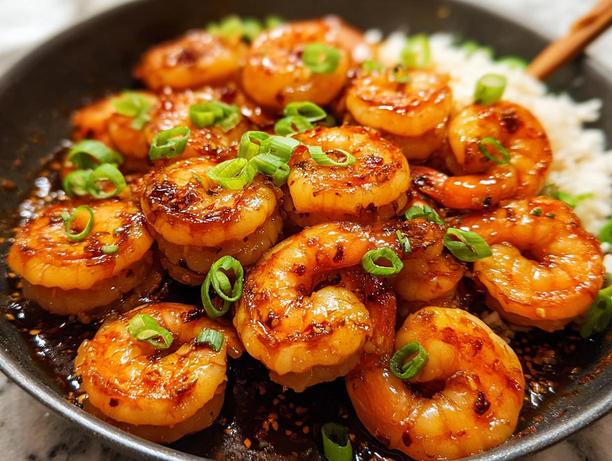 A close-up shot of glistening, pan-seared High-Protein Honey Garlic Shrimp, garnished with chopped green onions.