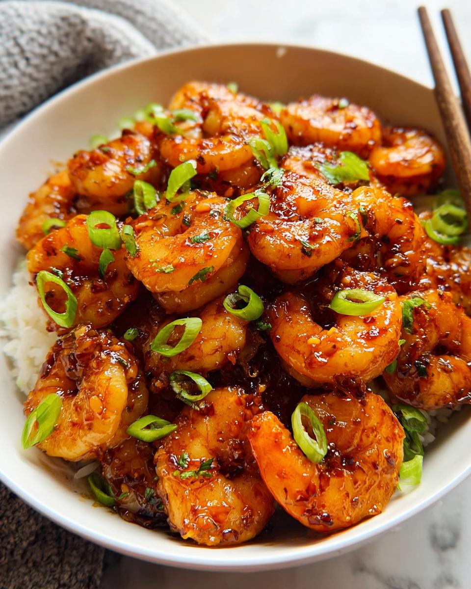A bowl overflowing with glistening High-Protein Honey Garlic Shrimp served over white rice, garnished with chopped green onions.