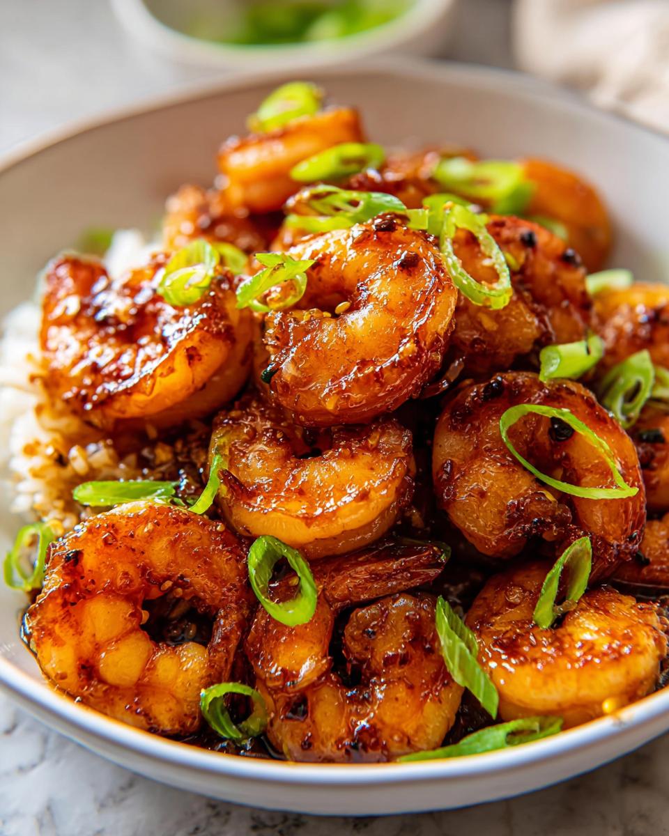 A close-up of a bowl filled with fluffy white rice and glistening High-Protein Honey Garlic Shrimp, garnished with chopped green onions.