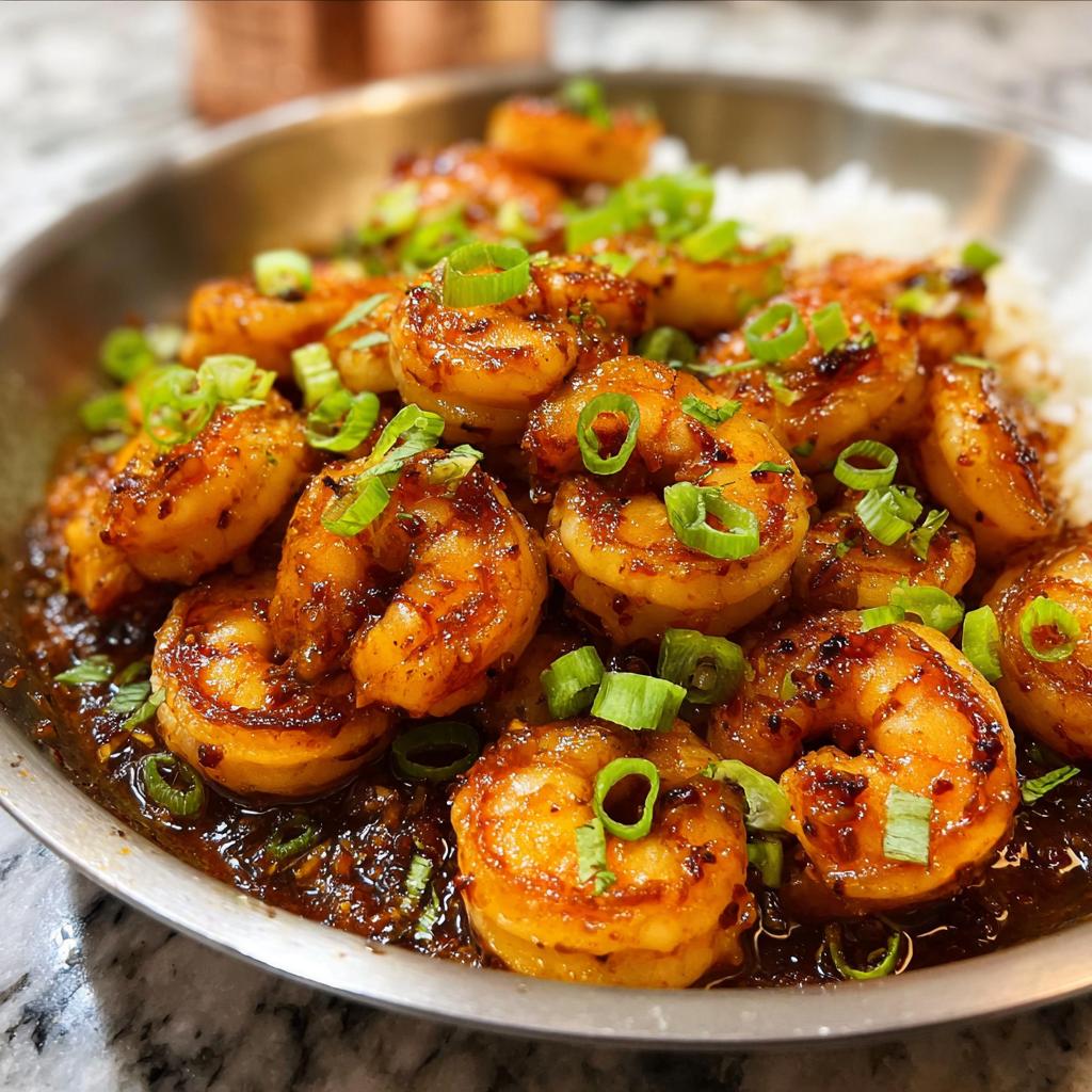 A close-up of glossy High-Protein Honey Garlic Shrimp piled on white rice, garnished with chopped green onions.