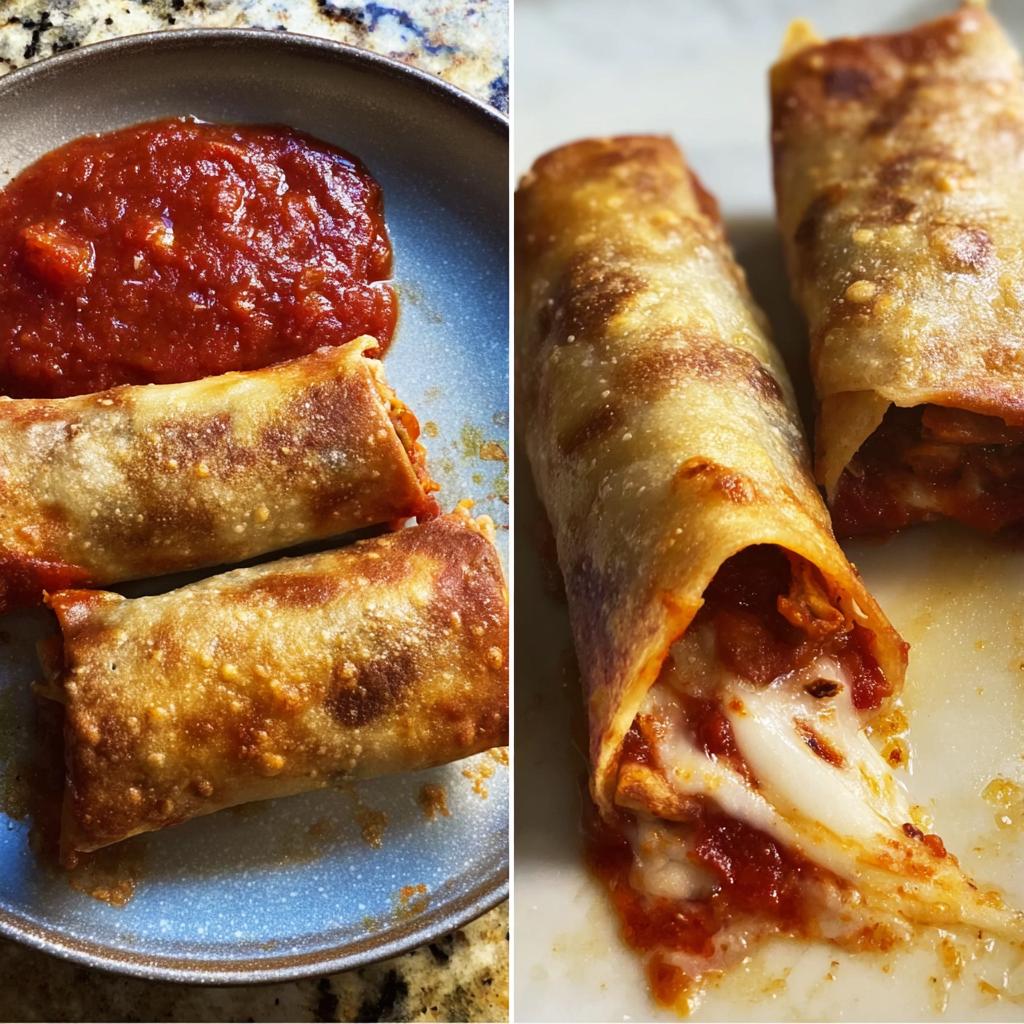 Golden brown HIGH PROTEIN Pepperoni Pizza Rolls filled with melted cheese and marinara sauce, served with a side of sauce.