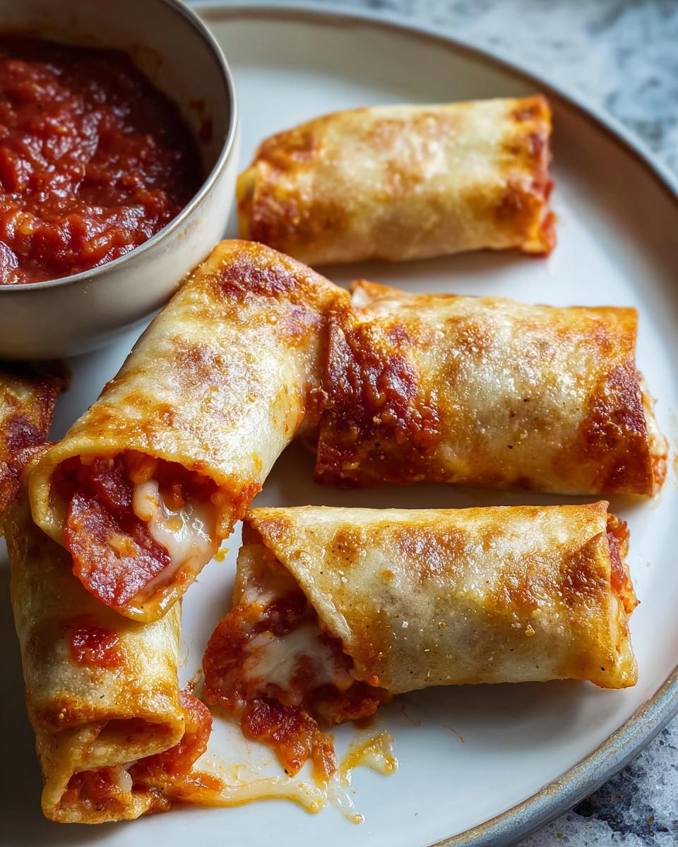 A plate of golden-brown HIGH PROTEIN Pepperoni Pizza Rolls filled with melted cheese and pepperoni, served with a side of marinara sauce.
