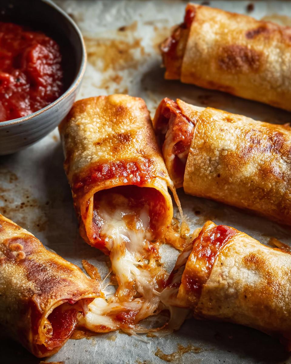 Close-up of HIGH PROTEIN Pepperoni Pizza Rolls with gooey melted cheese and pepperoni spilling out.