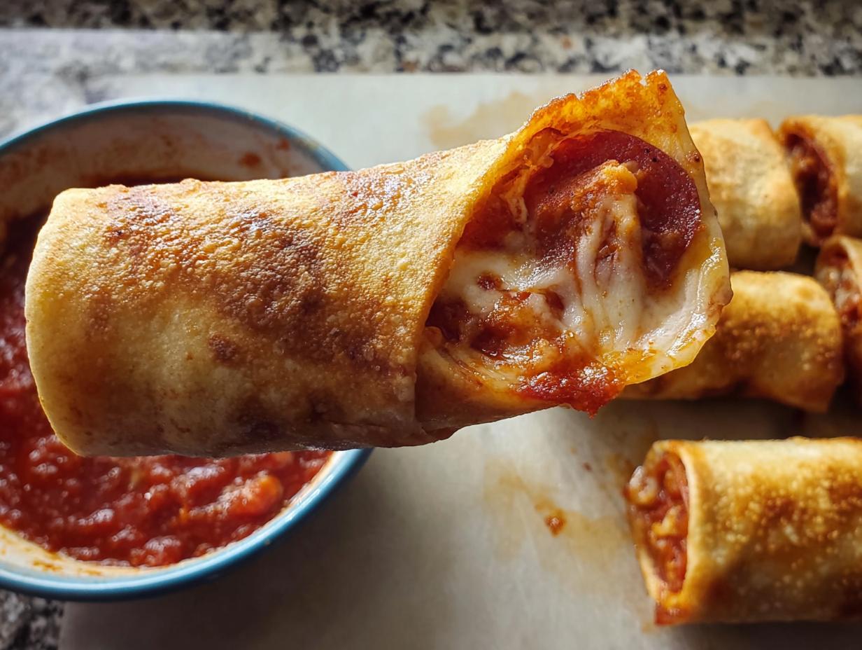 A close-up of a HIGH PROTEIN Pepperoni Pizza Roll, showing melted cheese, pepperoni, and marinara sauce, with more rolls in the background.