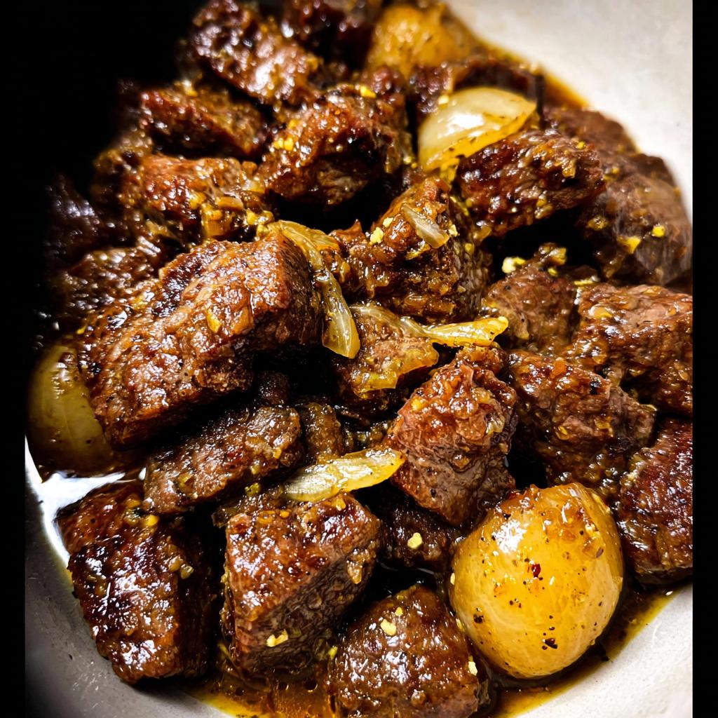 Close-up of tender High Protein Slow Cooker Garlic Butter Beef Bites with onions and potatoes in a rich sauce.