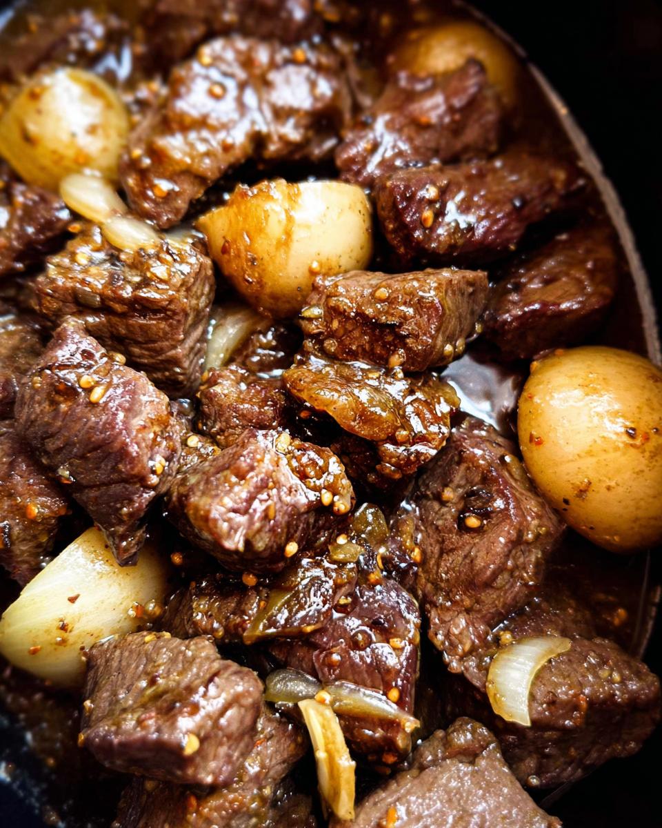 Close-up of tender High Protein Slow Cooker Garlic Butter Beef Bites with onions in a rich sauce.