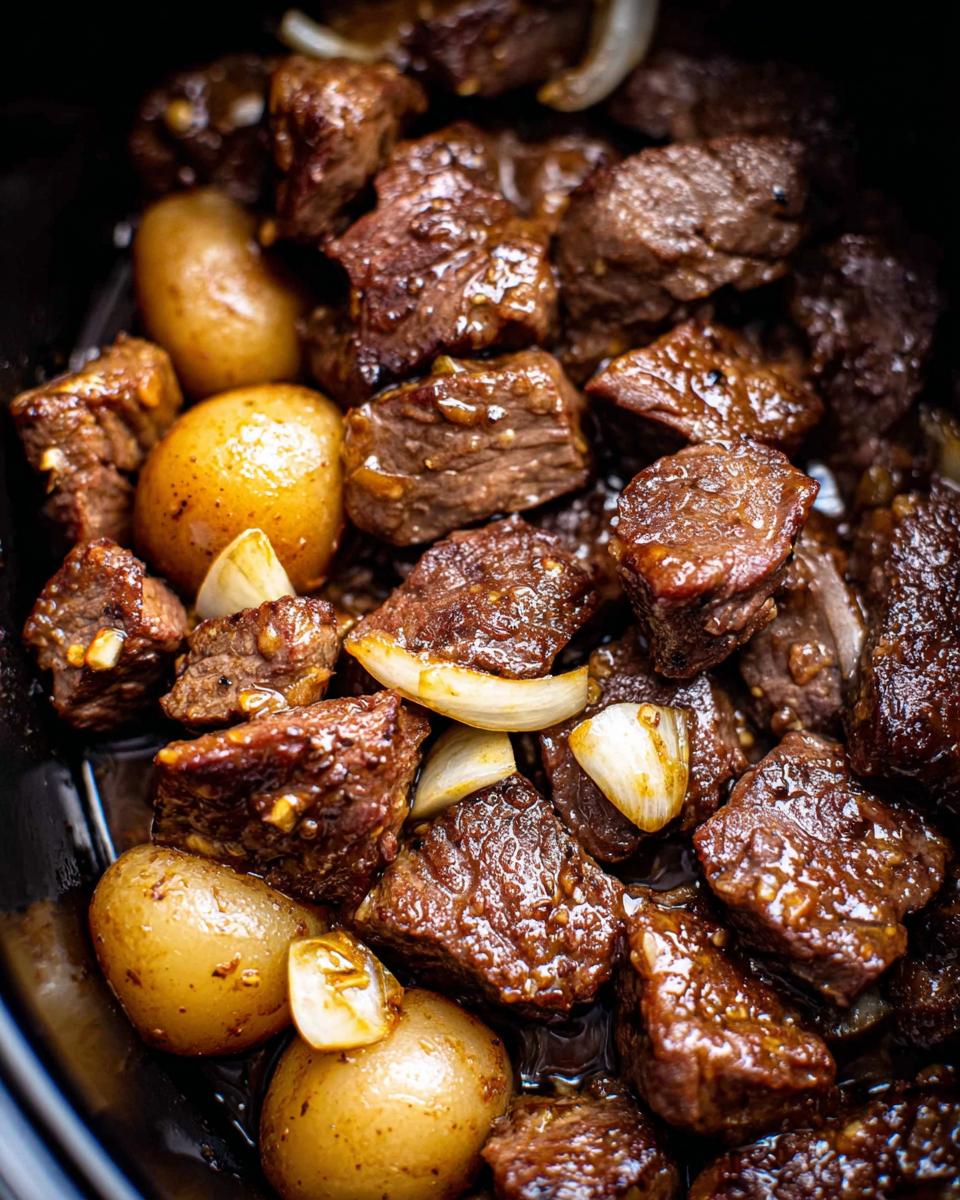 Close-up of High Protein Slow Cooker Garlic Butter Beef Bites with potatoes and onions.