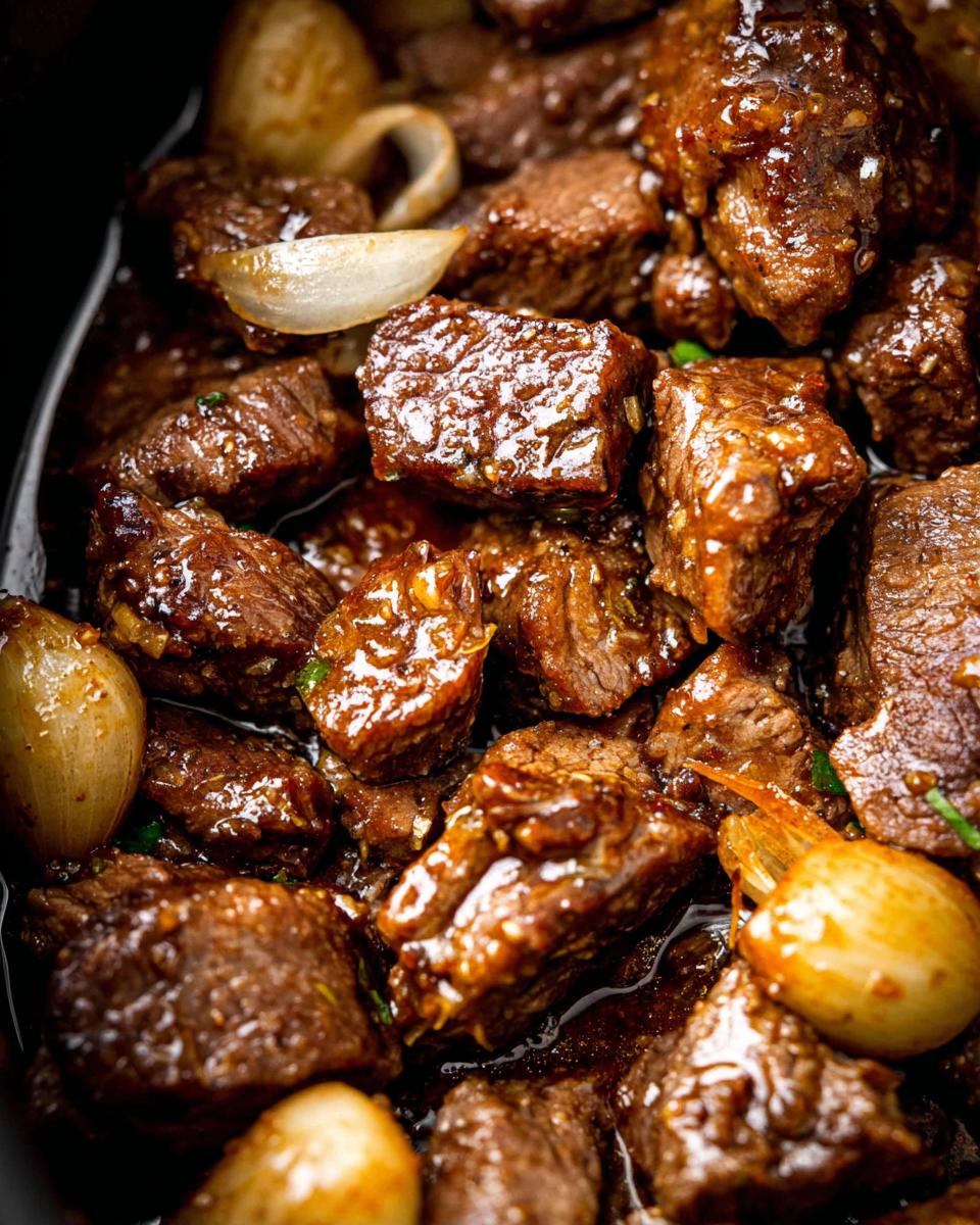 Close-up of tender, glossy High Protein Slow Cooker Garlic Butter Beef Bites with chunks of onion.