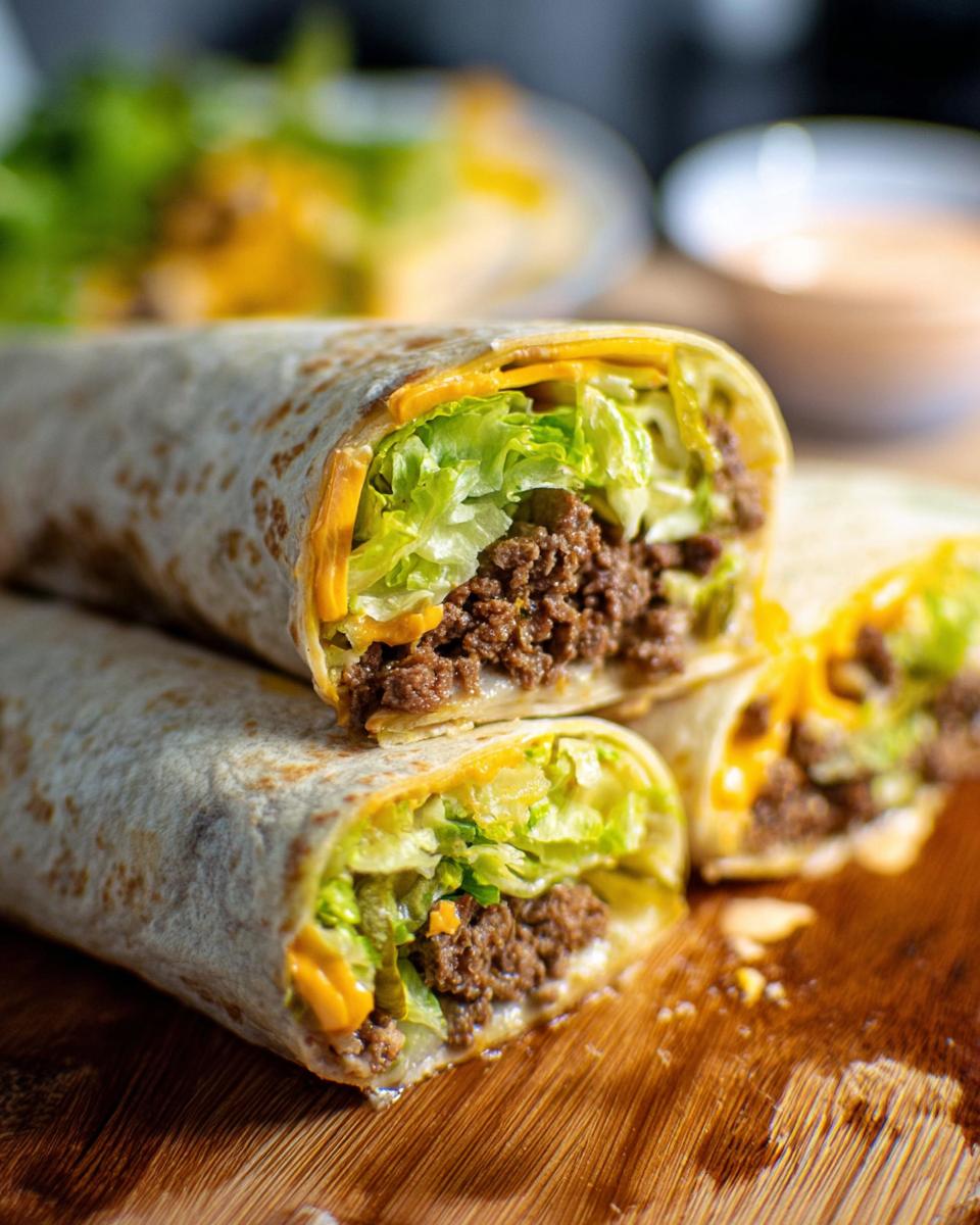 Close-up of a Homemade Big Mac Wrap cut in half, showing seasoned ground beef, shredded lettuce, and melted cheese inside a tortilla.