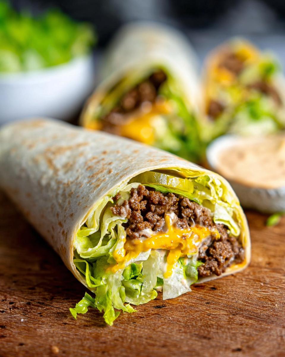 Close-up of a Homemade Big Mac Wrap filled with seasoned ground beef, shredded lettuce, melted cheese, and pickles.