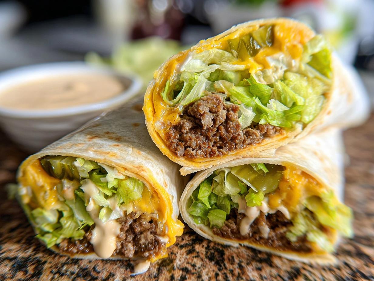 Close-up of two Homemade Big Mac Wraps, showing ground beef, lettuce, cheese, pickles, and sauce.