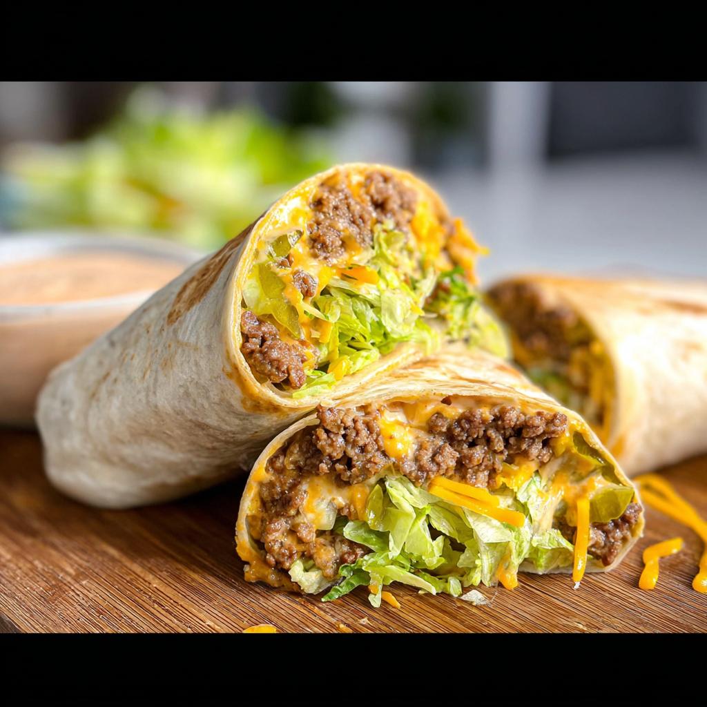 A close-up of a Homemade Big Mac Wrap, cut in half, showing seasoned ground beef, shredded lettuce, cheese, and pickles.