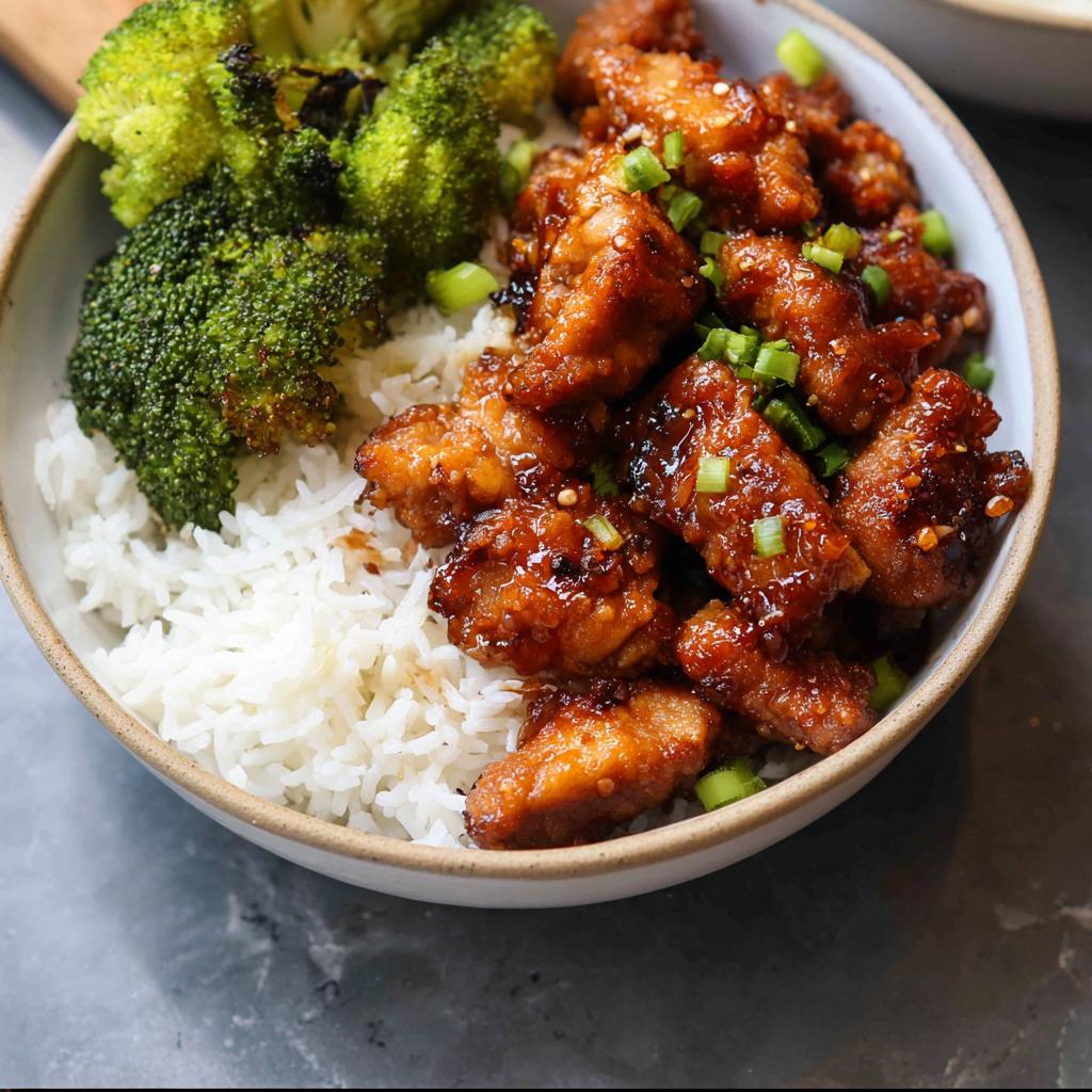 A close-up of a Honey Garlic Pork Rice Bowl featuring tender pork pieces glazed in sauce, served with white rice and roasted broccoli florets.