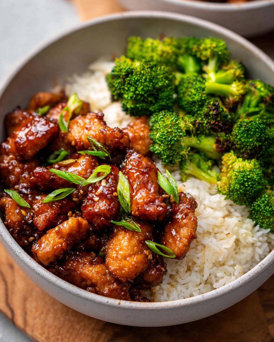 A close-up of a Honey Garlic Pork Rice Bowl, featuring glazed pork pieces and steamed broccoli over white rice.