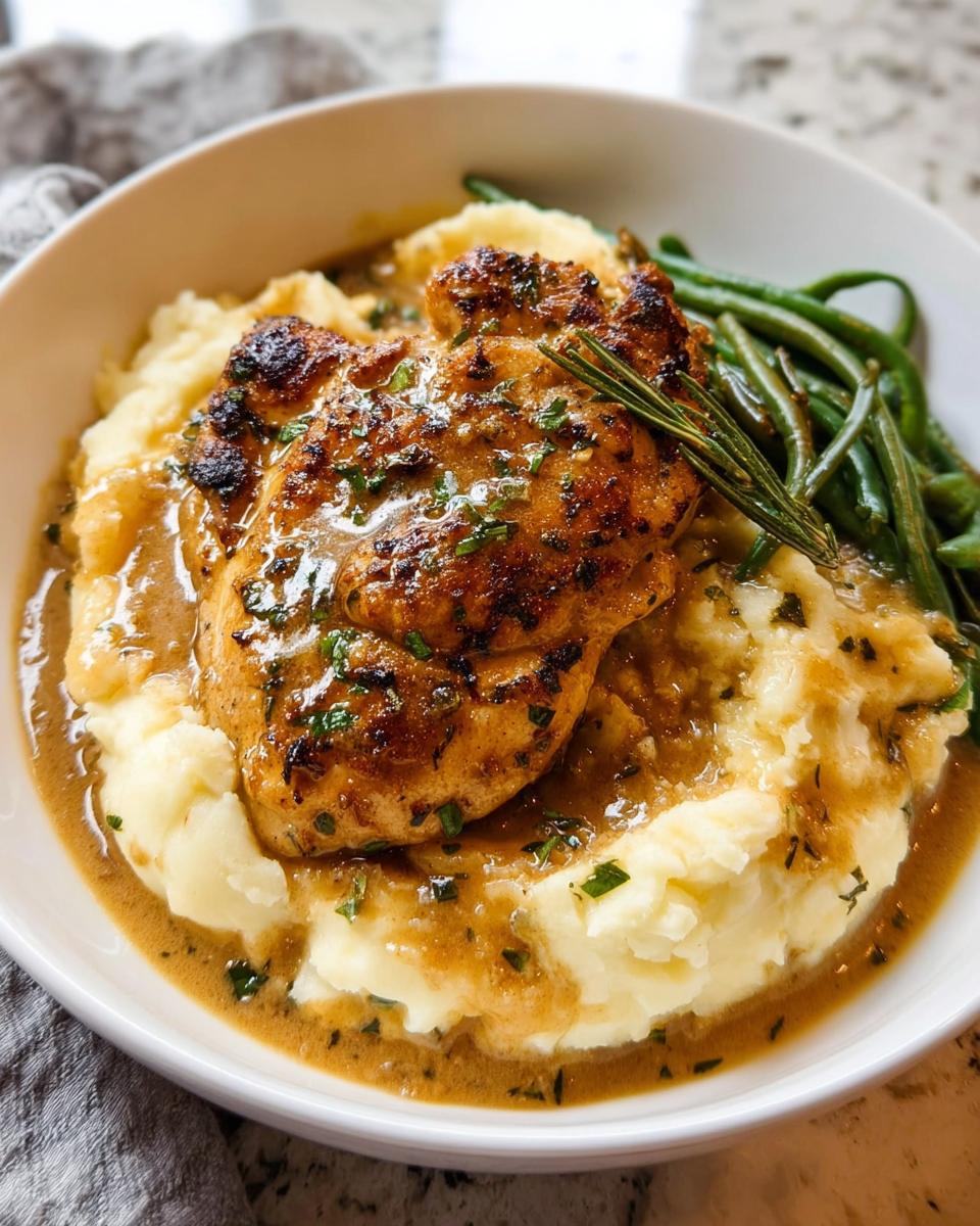 A plate of Irresistible Garlic Herb Chicken with Creamy Mashed Potatoes and green beans, drizzled with sauce.