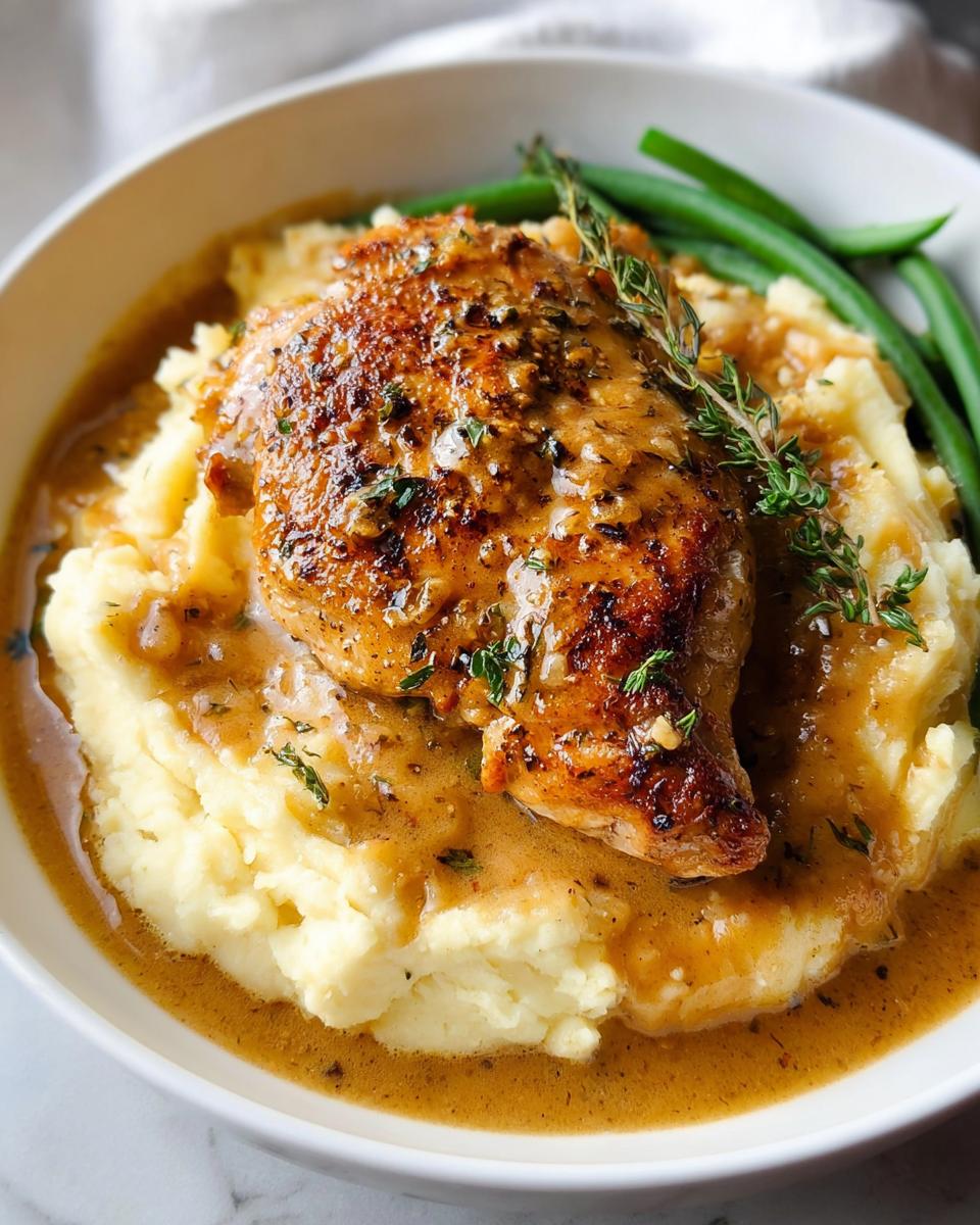 A close-up of Irresistible Garlic Herb Chicken served over creamy mashed potatoes with a side of green beans.