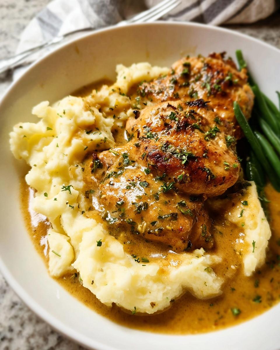 Close-up of Irresistible Garlic Herb Chicken served with creamy mashed potatoes and green beans, drizzled with sauce.