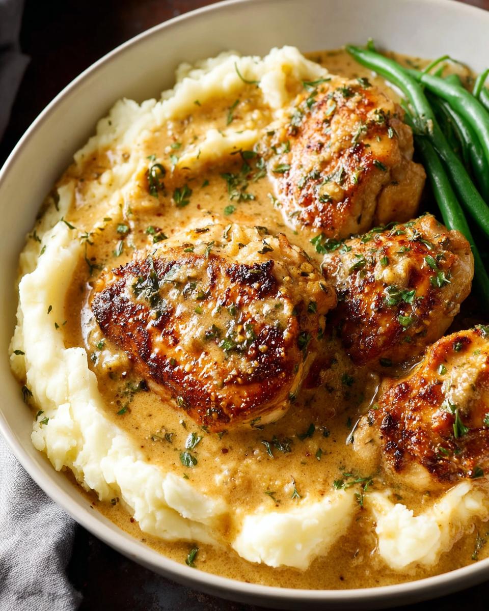 Close-up of Irresistible Garlic Herb Chicken served with creamy mashed potatoes and green beans, drizzled in a rich sauce.