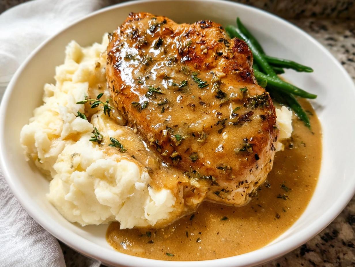 A plate of Irresistible Garlic Herb Chicken served with creamy mashed potatoes and green beans, drizzled with sauce.