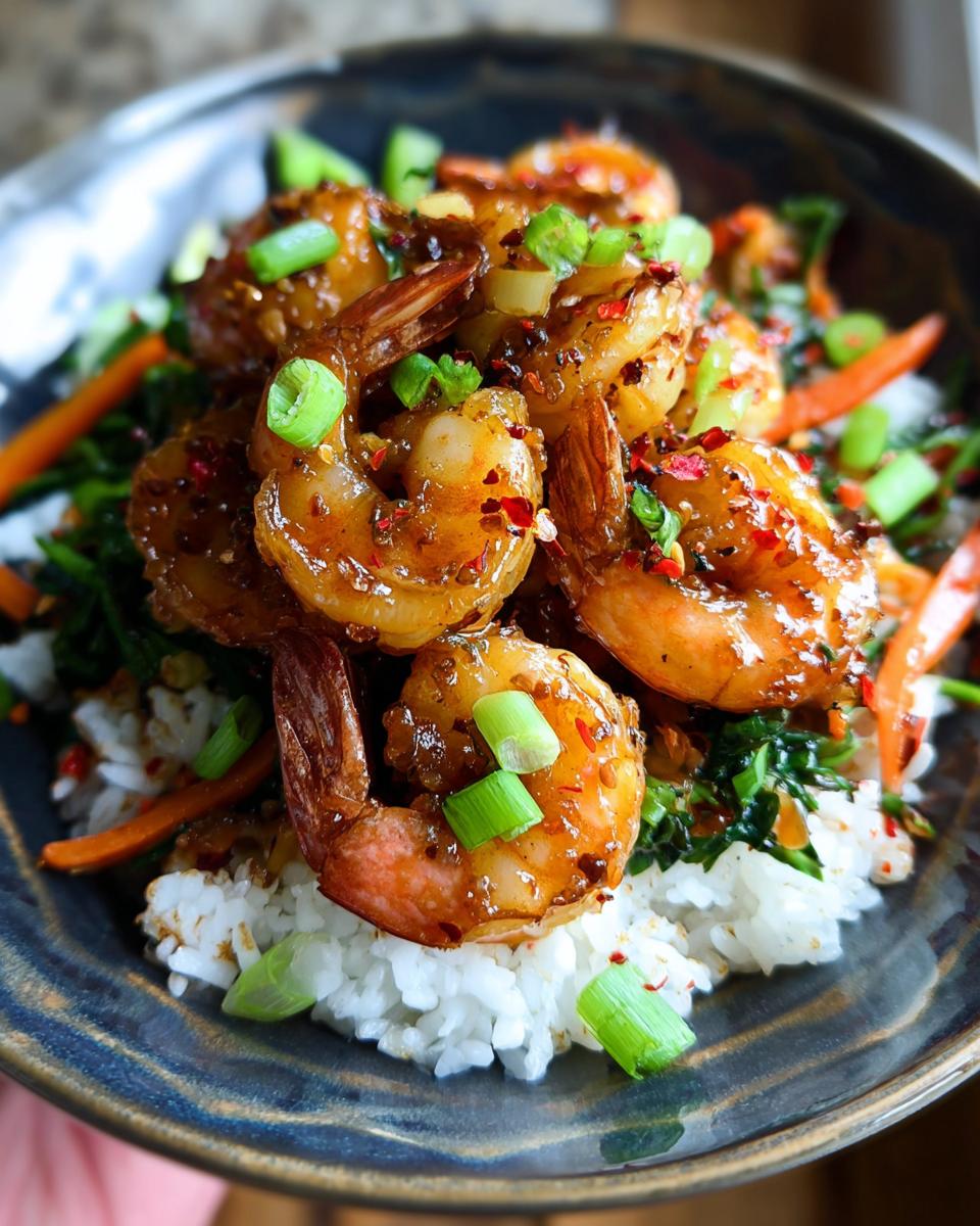 Close-up of Irresistible Honey Garlic Shrimp Bowls with fluffy white rice, vibrant vegetables, and garnished with green onions.