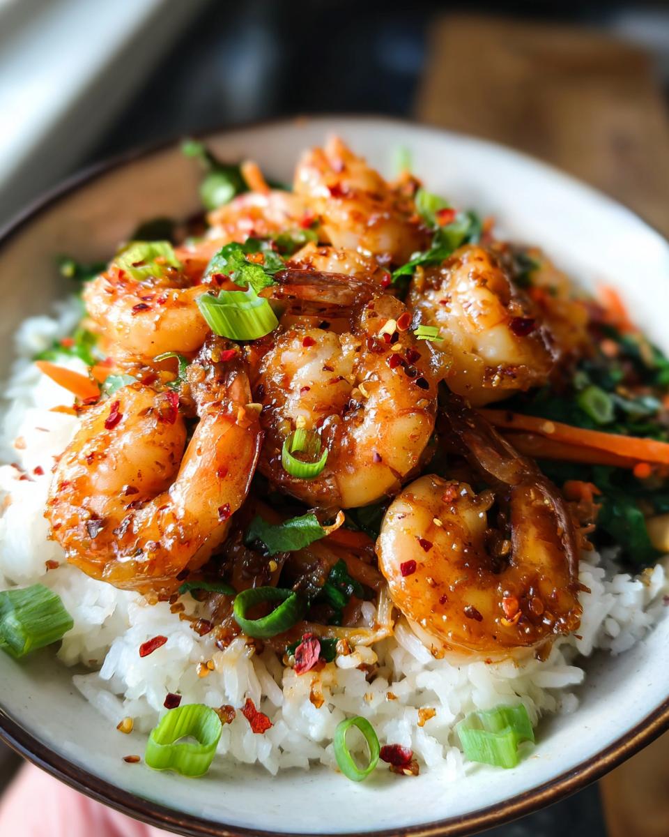 Close-up of Irresistible Honey Garlic Shrimp Bowls with white rice, glazed shrimp, and green onions.