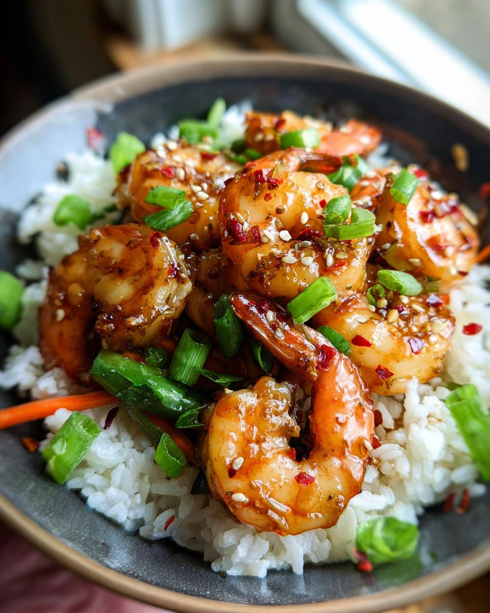 Close-up of Irresistible Honey Garlic Shrimp Bowls with fluffy white rice, topped with sesame seeds and green onions.