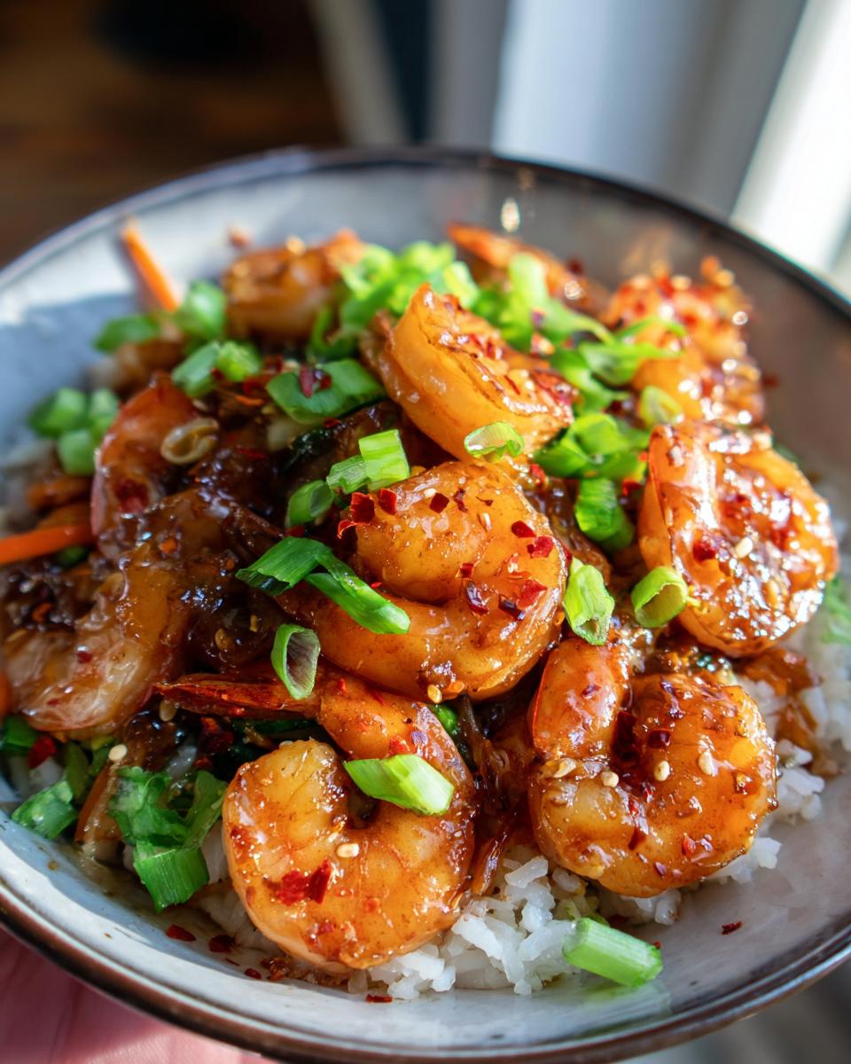 Close-up of Irresistible Honey Garlic Shrimp Bowls with rice, topped with green onions and chili flakes.