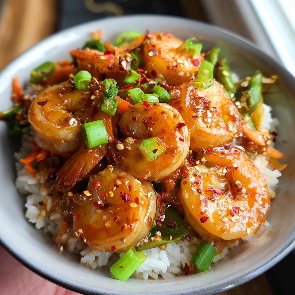 Close-up of Irresistible Honey Garlic Shrimp Bowls with plump shrimp, rice, and green onions.