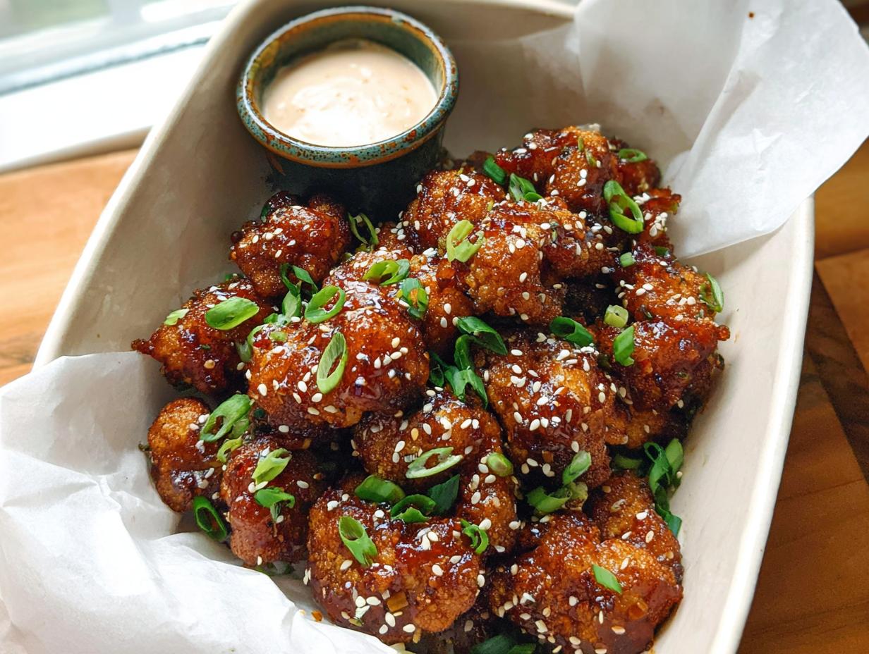 Close-up of Irresistible Sticky Honey Garlic Cauliflower Recipe bites, coated in glaze and sprinkled with sesame seeds and scallions.