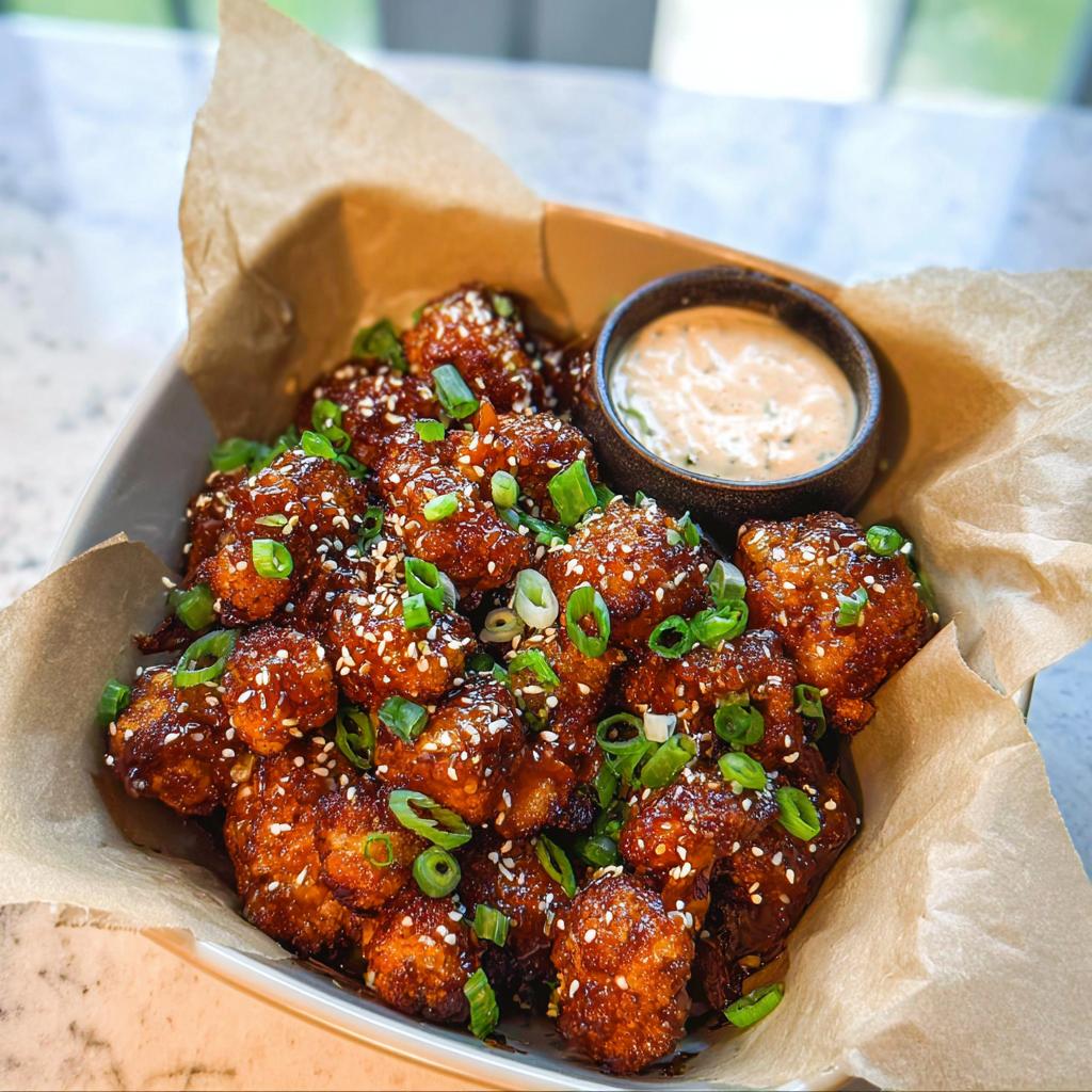 Close-up of Irresistible Sticky Honey Garlic Cauliflower bites, coated in sauce and sprinkled with sesame seeds and green onions.