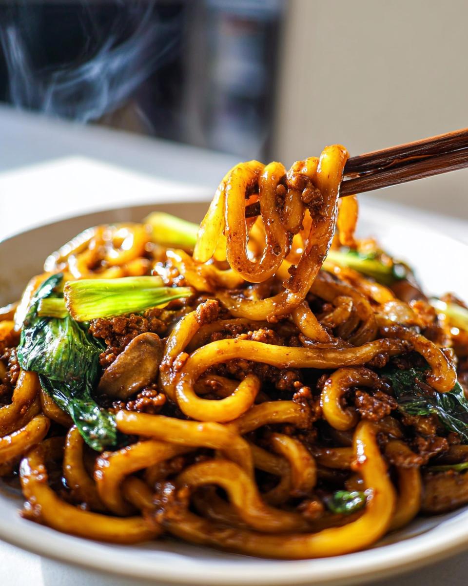 Close-up of a steaming bowl of Irresistible Yaki Udon Noodles, with noodles being lifted by chopsticks, mixed with ground meat and bok choy.