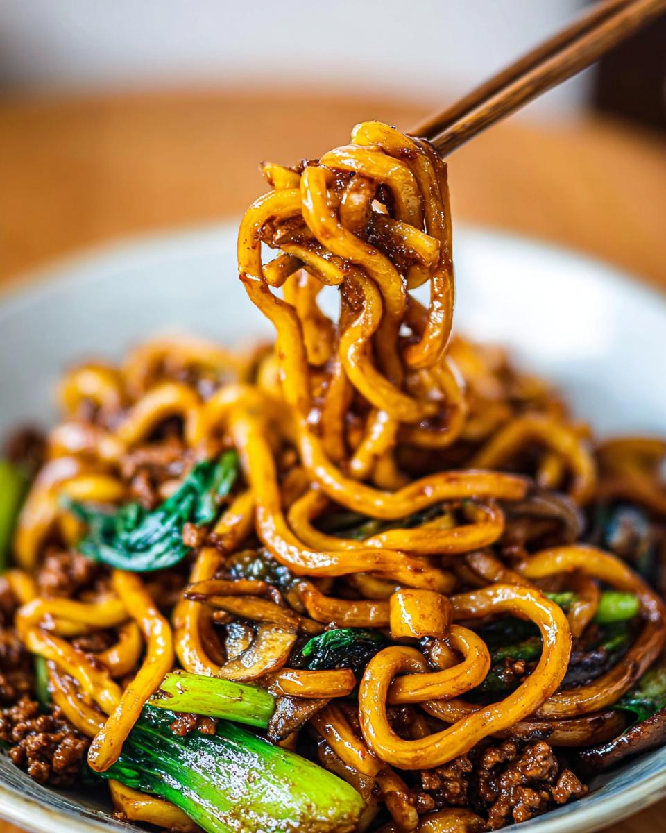 Close-up of thick, glossy noodles being lifted with chopsticks from a bowl of Irresistible Yaki Udon Noodle Recipe with vegetables and minced meat.